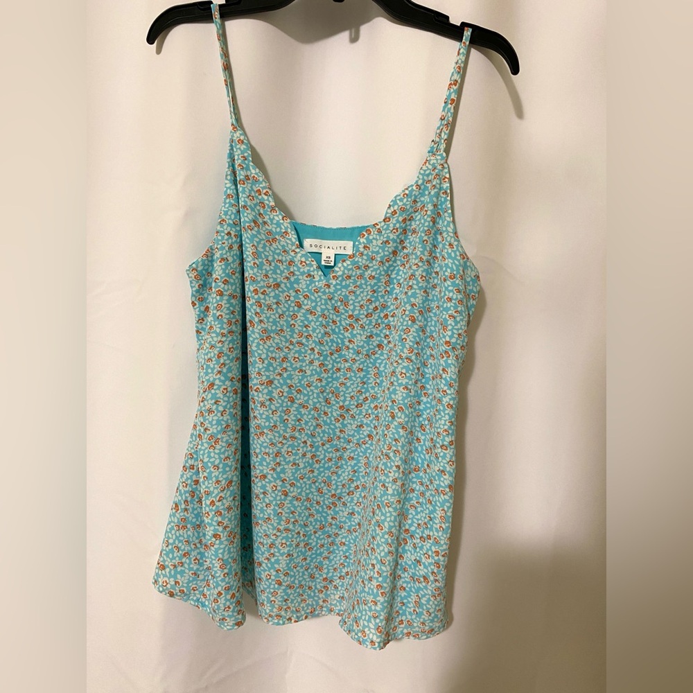 Womens Blue tank With Oranges Flower V Neck